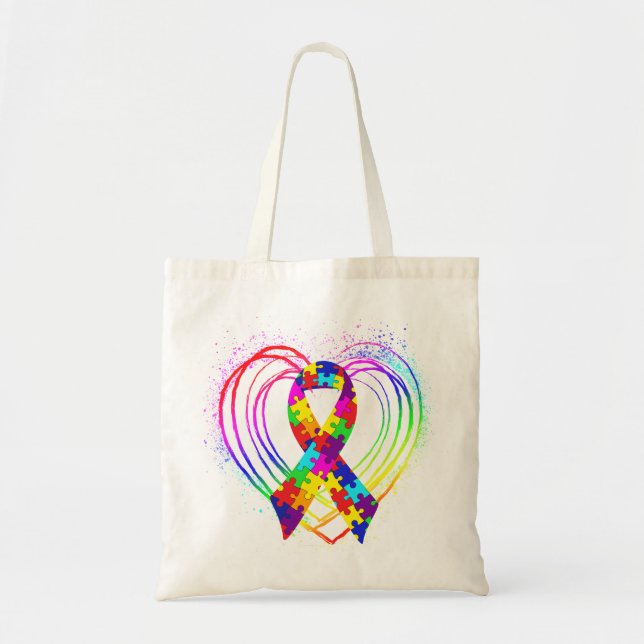 Autism Ribbon on Heart: Tote Bag (Front)