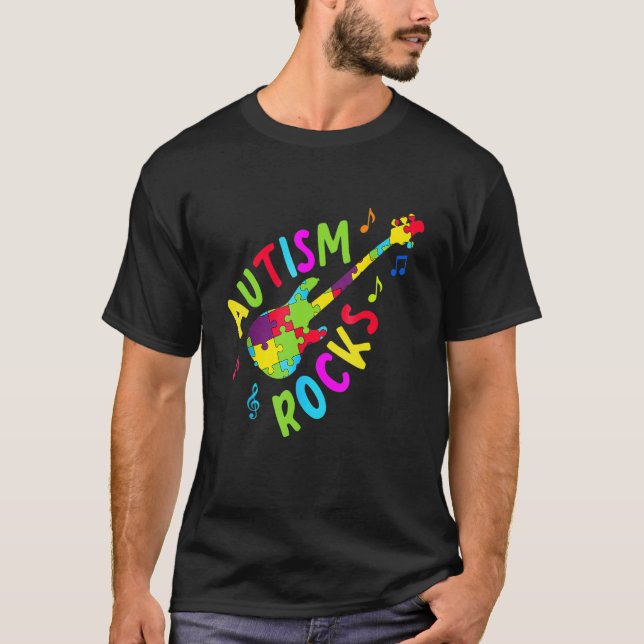 Autism Rocks Autism Awareness Guitar Puzzle Pieces T-Shirt (Front)