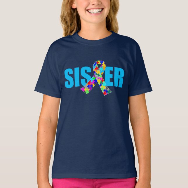 Autism Sister Cute Blue Awareness Ribbon Kids T-Shirt (Front)