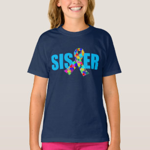 Autism Sister Cute Blue Awareness Ribbon T-Shirt