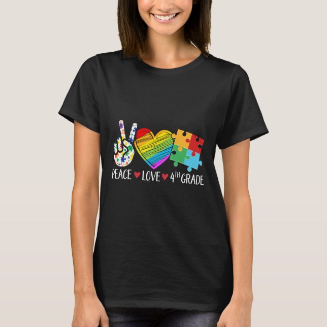 Autism Student Teacher Kids Peace Love Autism Four T-Shirt (Front)