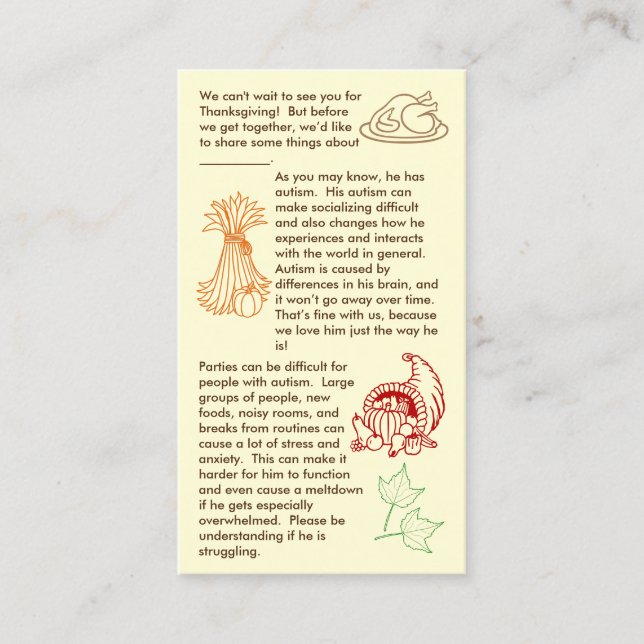 Autism Thanksgiving Boy Business Card (Front)