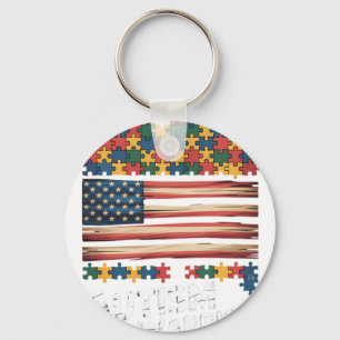 Autism Warrior Awareness Support USA Flag Neurodiv Key Ring