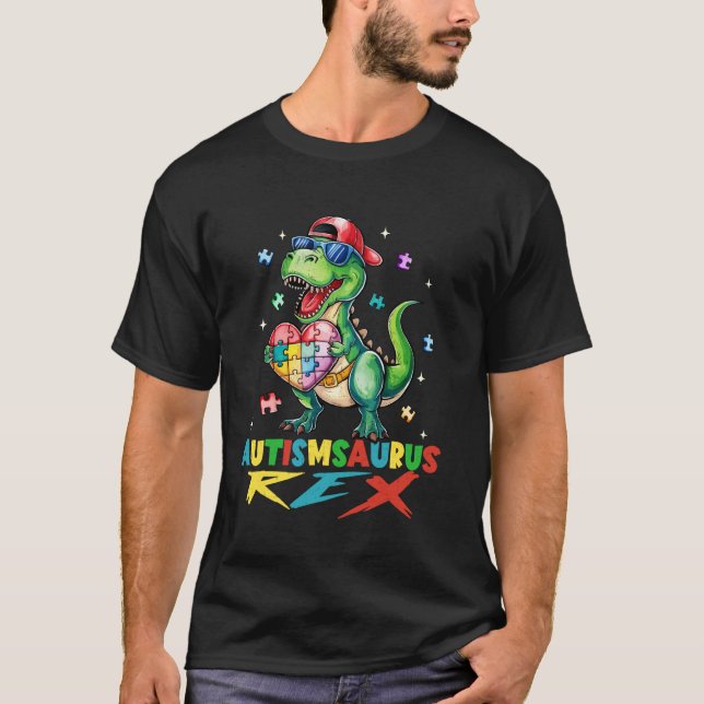 Autismsaurus rex Autism Awareness T Rex Heart Puzz T-Shirt (Front)