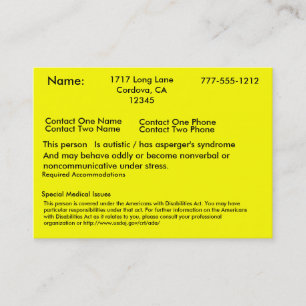 Autistic Alert Card