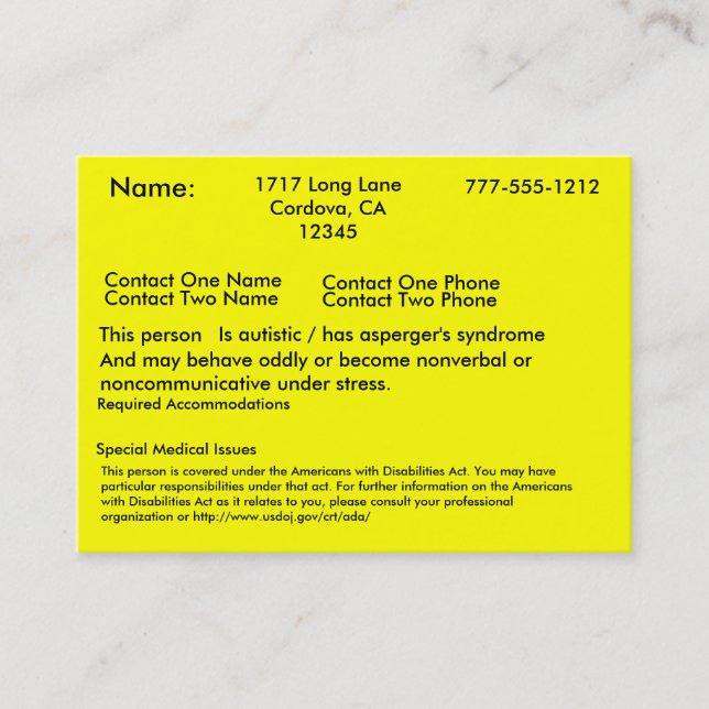 Autistic Alert Card (Front)