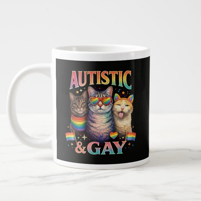 Autistic And Gay Funny Cat Large Coffee Mug (Left)