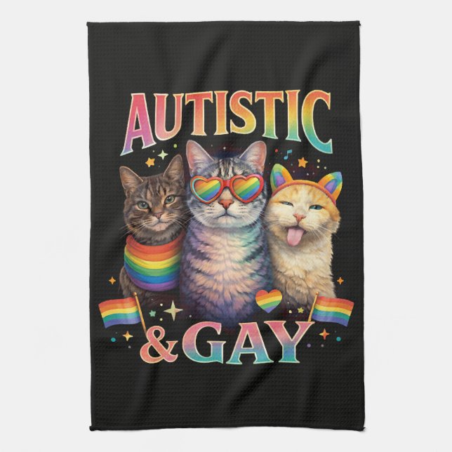 Autistic And Gay Funny Cat Tea Towel (Vertical)