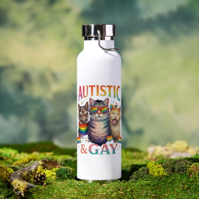 Autistic And Gay Funny Cat Water Bottle (Outdoor (Rotated))