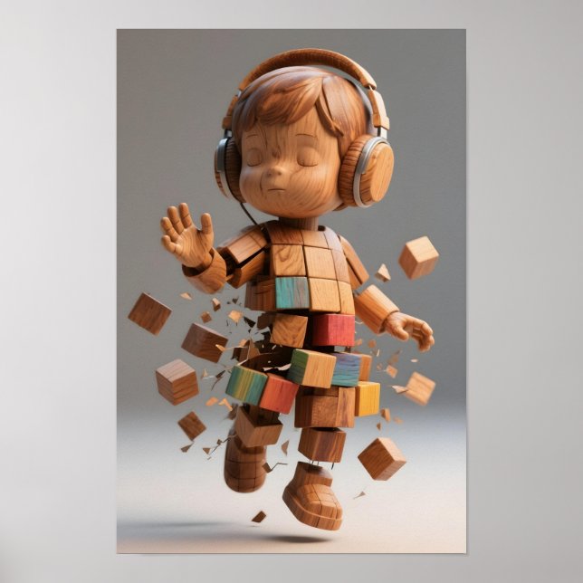 Autistic child boy wooden block body with coloured poster (Front)