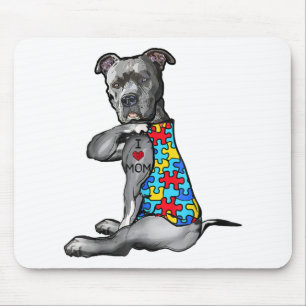 Autistic   Cool Pitbull I Love Mum Autism Puzzle Mouse Pad