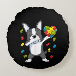Autistic Dabbing Boston Terrier Puzzle Piece Heart Round Cushion
