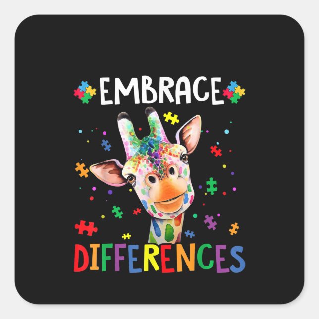 Autistic |Embrace Differences Giraffe Puzzle Piece Square Sticker (Front)