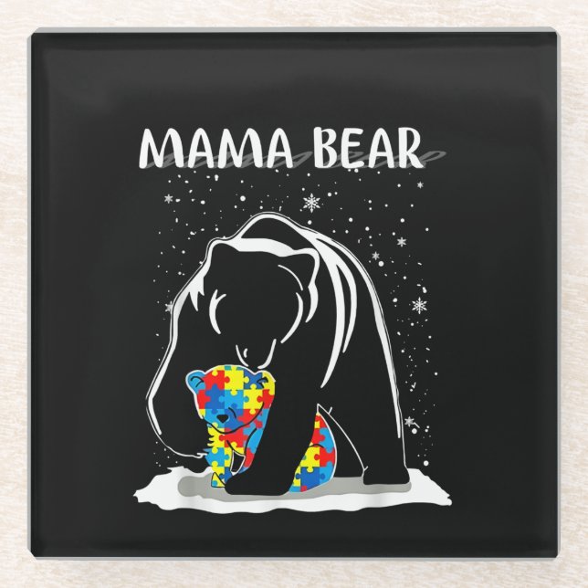 Autistic | Mama Bear Autism Puzzle Piece Snowflake Glass Coaster (Front)