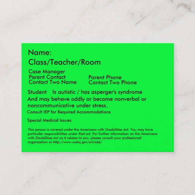 Autistic Student Card (Front)