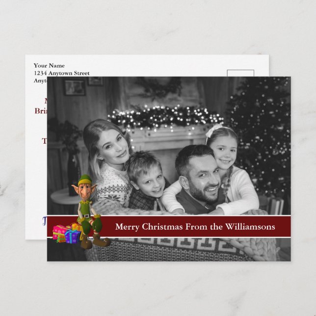 Auto Black and White Christmas Photo With Fun Elf Postcard (Front/Back)