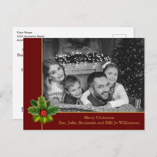 Auto Black and White Photo Holly Red Christmas Postcard