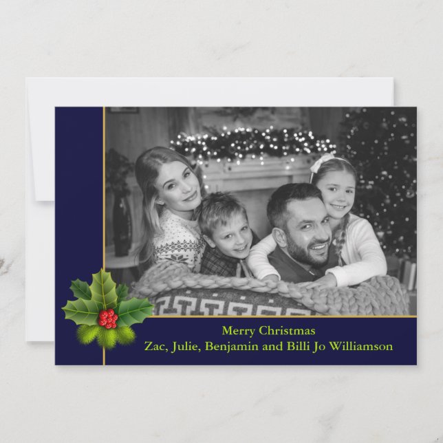 Auto Black and White Photo With Holly Frame Photo Holiday Card (Front)