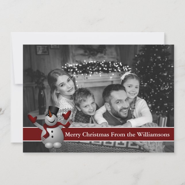 Auto Black and White With Snowman Red Text Band Holiday Card (Front)