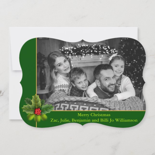 Auto Black & White Photo Holly Frame Fancy  Photo Holiday Card (Front)