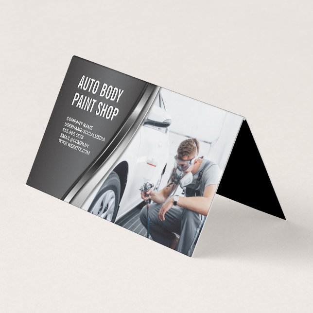 Auto Body Paint Garage Shop | Worker Spraying Business Card (Front)