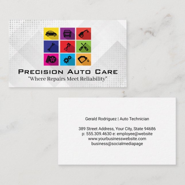 Auto Care Service | Colourful Repair Icons Business Card (Front/Back)