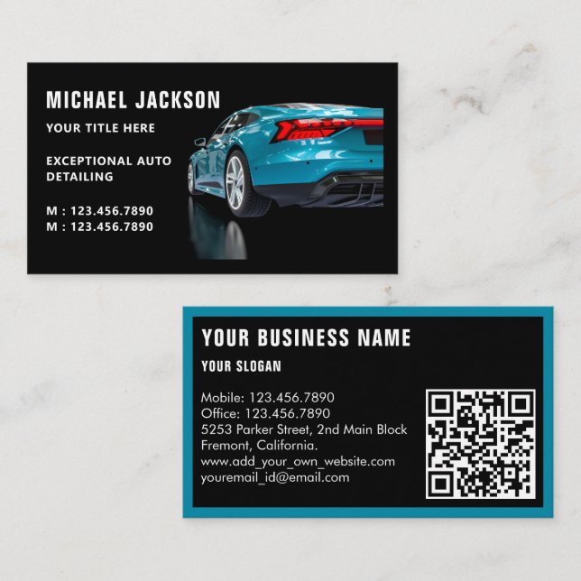 Auto Detailing, Auto Repair, Blue Car QR Code Business Card (Front/Back)