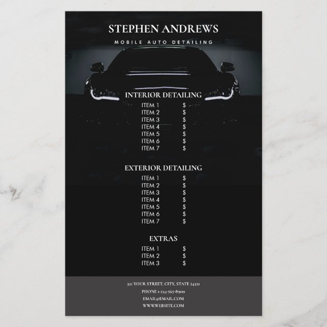 Auto Detailing Car Cleaning Repair Price List  Flyer (Front)