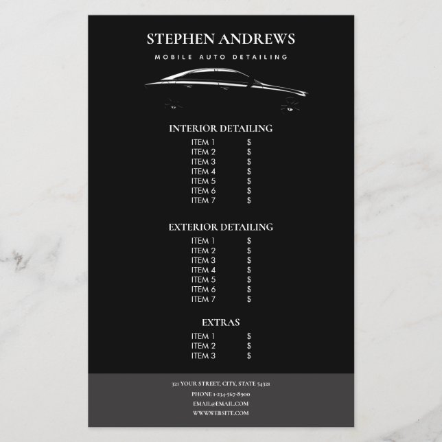 Auto Detailing Cleaning Auto Repair Price List  Flyer (Front)