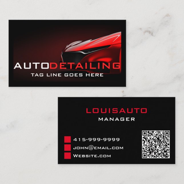 Auto Detailing Modern Red Car Cleaning qr code Business Card (Front/Back)