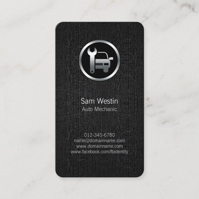 Auto Mechanic Car Wrench Icon Black Business Card (Front)