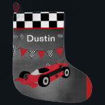 Auto Racing and Chequered Large Christmas Stocking<br><div class="desc">Personalise this stocking by adding a name to this racing stocking with chequered flags and chalkboard background.</div>