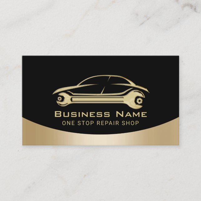 Auto Repair Automotive Modern Black Gold Mechanic Business Card (Front)