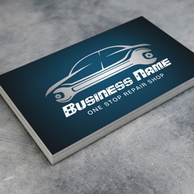 Auto Repair Car & Wrench Blue Automotive Mechanic Business Card (Creator Uploaded)