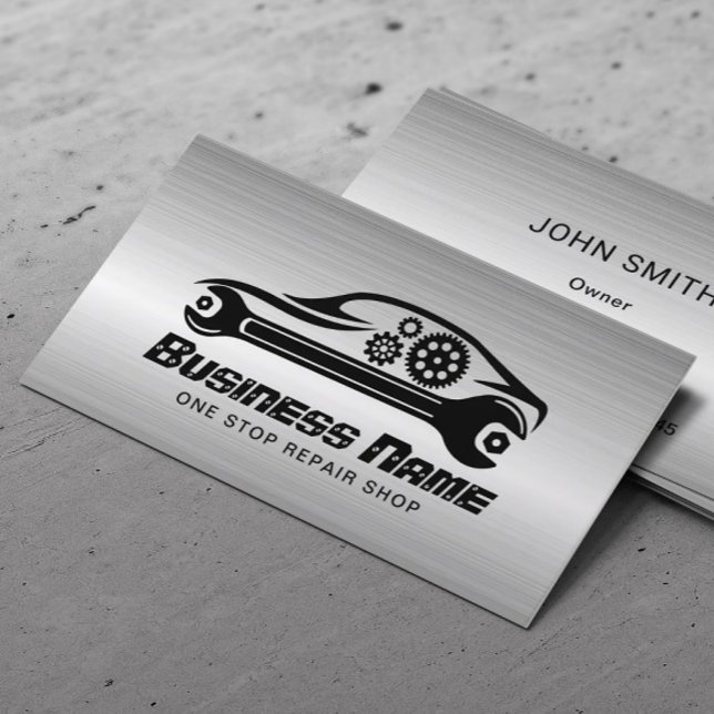 Auto Repair Car & Wrench Metal Automotive Mechanic Business Card (Creator Uploaded)