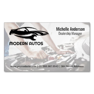 Auto Repair Logo Mechanic Working on Car Magnetic Business Card