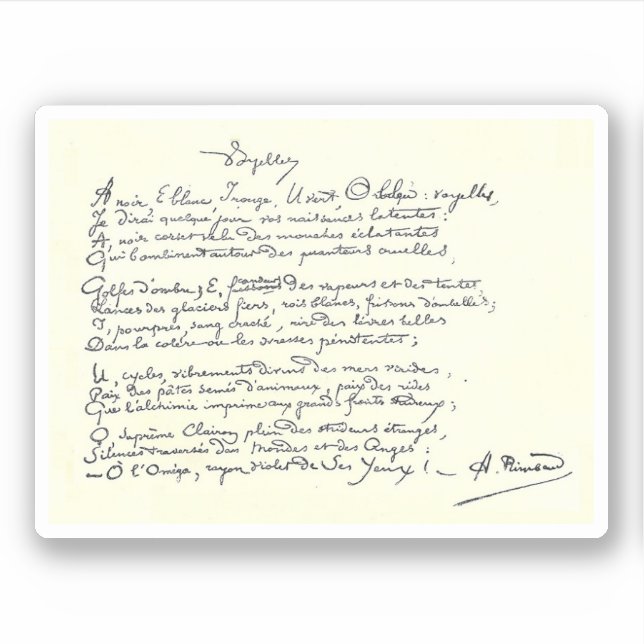 Autograph manuscript of Voyelles (Rimbaud) (Front)