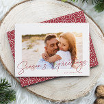 Autograph | Season's Greetings Photo Holiday Card<br><div class="desc">Send holiday greetings to friends and family in chic style with our elegant photo cards. Design features your favorite horizontal or landscape oriented photo framed by a thick white border, with "Season's Greetings" sketched on top in classic holiday red hand lettered script. Personalize with your family name and the year...</div>