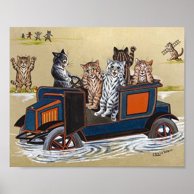 Automobile In Deep Water, Louis Wain Poster (Front)