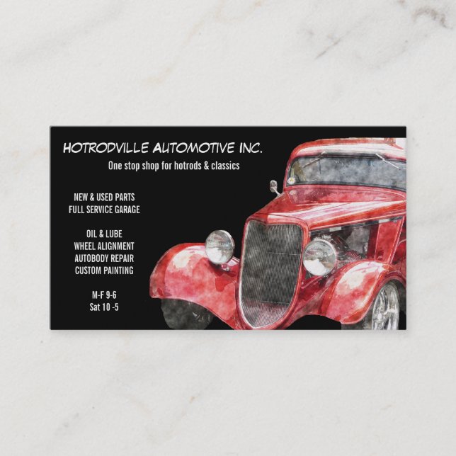 Automotive Parts & Service Red Classic Hotrod Car Business Card (Front)