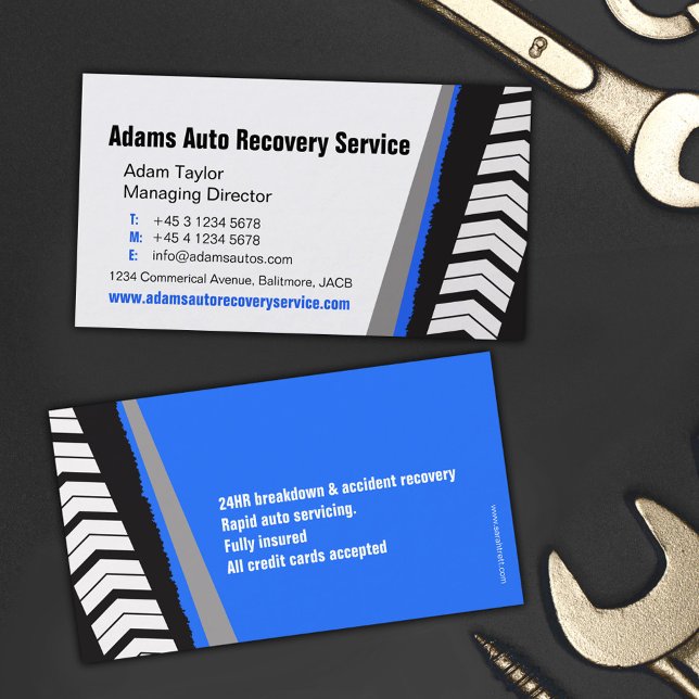 Automotive service tracks blue business card (Creator Uploaded)