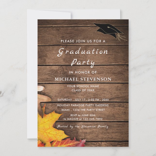 Autum Leaves Wooden Graduation Invitation Template (Front)