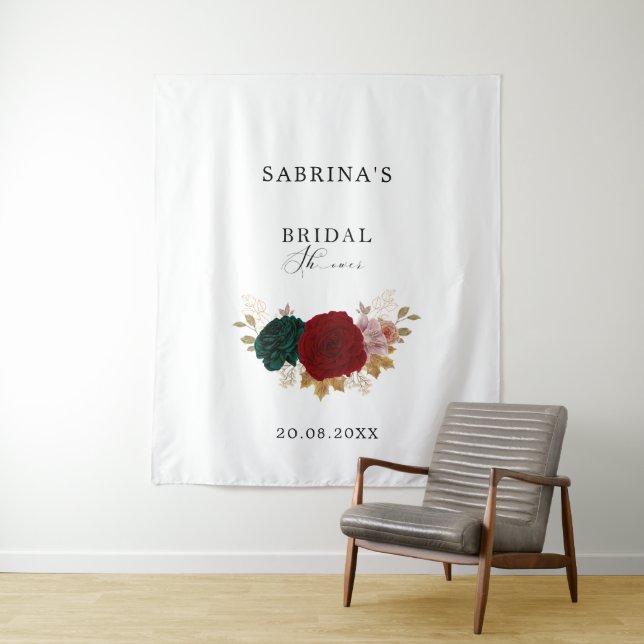 Autumanal Gold Burgundy Emerald Bridal Shower Tapestry (In Situ)