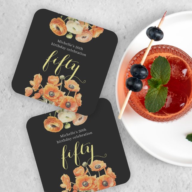 Autumn 50th Birthday Party Orange Floral Square Paper Coaster (Creator Uploaded)