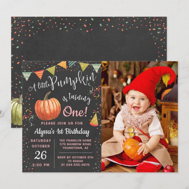 Autumn A Little Pumpkin Chalkboard Birthday Photo Invitation (Front/Back)