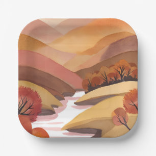 Autumn Abode Fall Foliage Watercolor Landscape Paper Plate