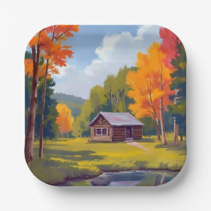 Autumn Abode Lakeside Cottage Paper Plate