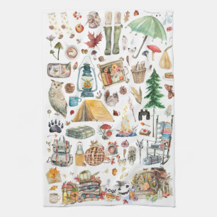 Autumn Abundance   Rustic Watercolor Illustrations Tea Towel