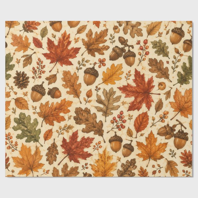 Autumn Acorn & Fall Leaves Seamless Pattern Wrapping Paper (Flat)