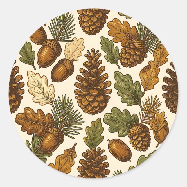 Autumn Acorn Pinecone Oak Leaf Pattern Classic Round Sticker (Front)
